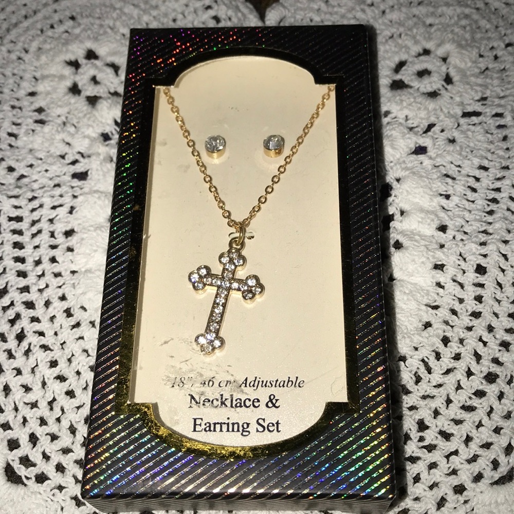 NIB! Rhinestone Cross Necklace and Earrings set